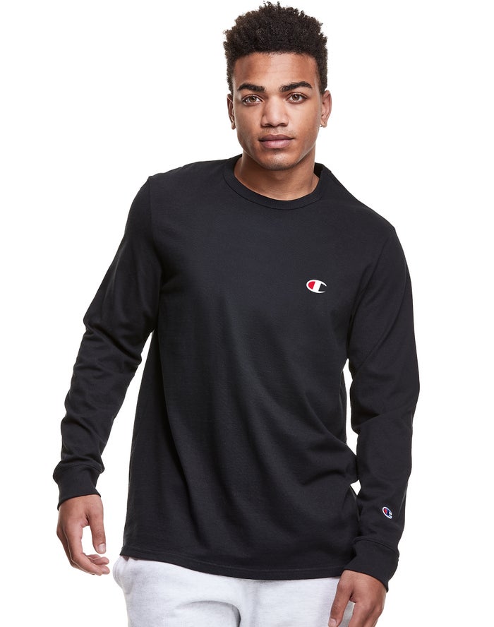 Champion Mens T-Shirt NZ - Heritage Long-Sleeve Embroidered C Logo Black ( 1564-JMLIT )